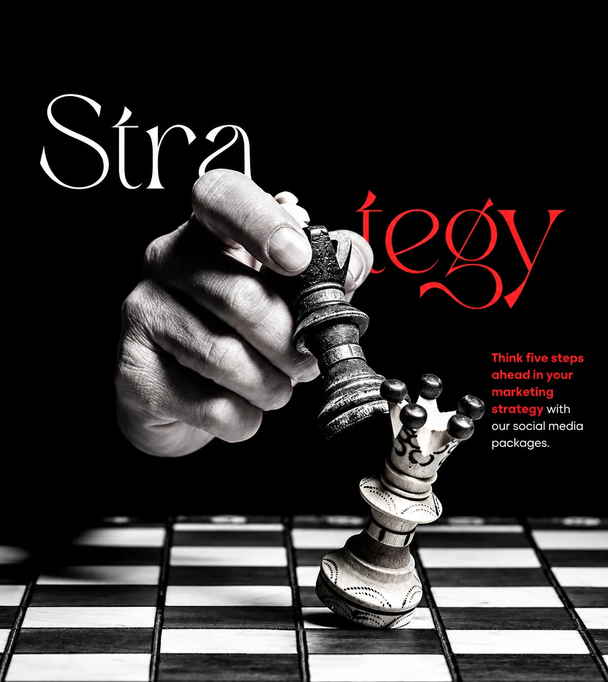 Black-and-white poster of a hand moving a king chess piece to illustrate strategic marketing and lead generation
