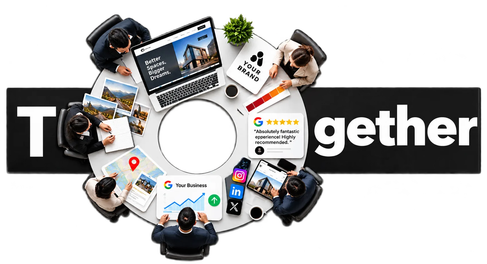Aerial view of a roundtable team meeting with laptops, branding mockups, Google reviews and social icons for lead generation