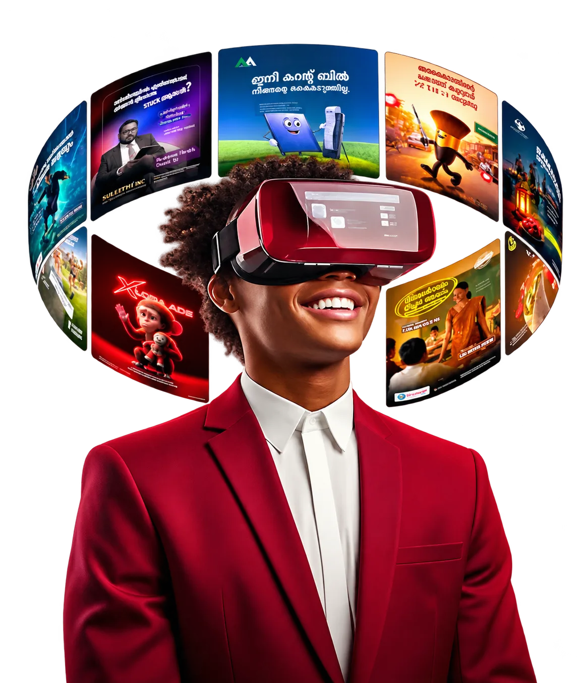 Smiling person in a red suit wearing a VR headset surrounded by floating marketing ad screens for lead generation agency